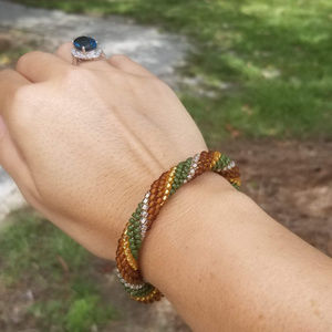 Brown/Green/Gold Beaded Crochet Bracelet